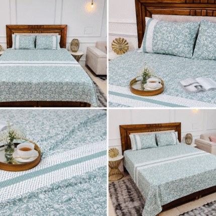 Premium Green & White Floral Cotton Bedsheet Set