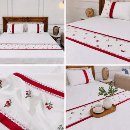 The Crimson Stitch: Premium Embroidered Cream Cotton Set