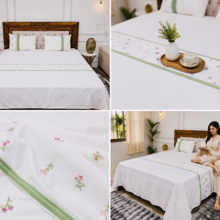 Elegant Embroidered White Cotton Bedsheet with Green Border