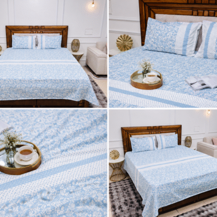 Elegant Floral Cotton Bedsheet Set – Soft Sky Blue & White