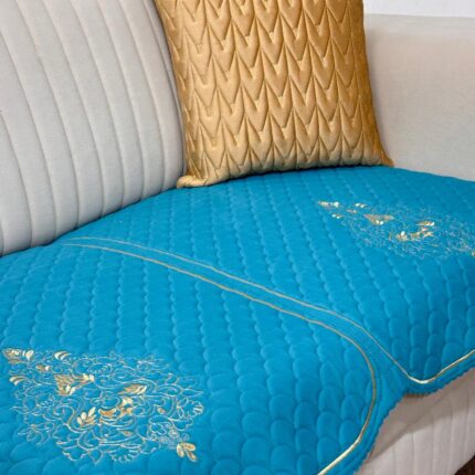 Royal Blue Quilted Sofa Cover with Gold Elegance πβ¨