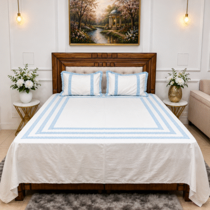 Serene Sky-Blue Lace Inset Bedsheet Set – Premium White Cotton