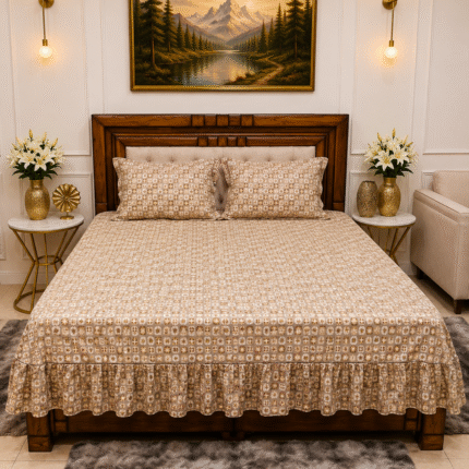 Royal Beige Printed Frill Bedsheet 😍 Classic Elegance for Luxurious Bedrooms