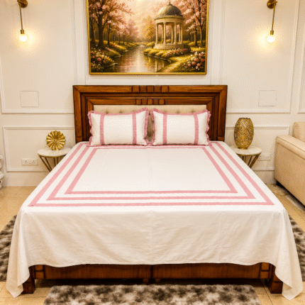 Charming Rose-Pink Lace Inset Bedsheet Set – Premium White Cotton
