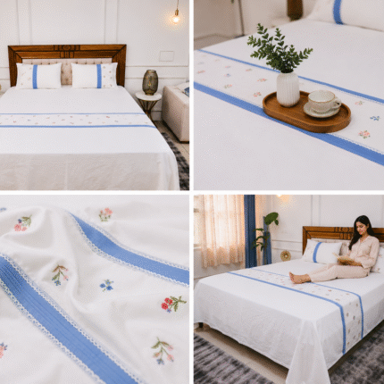 The Serene Choice: Sky Blue Wildflower Embroidered Bedsheet with Pintuck Detail