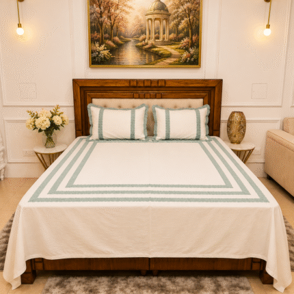 Sage Green Lace Inset Bedsheet Set – Breathable White Cotton Luxe