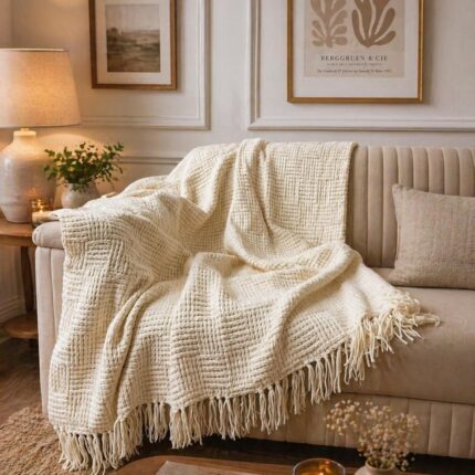 Premium Cream Woven Sofa Throw – Warm & Elegant Living