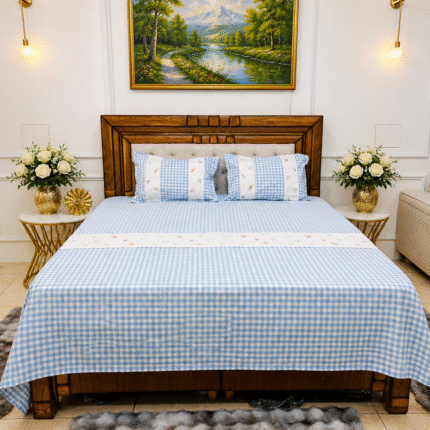 Vintage Sky Blue Gingham & Floral Embroidered Bedsheet