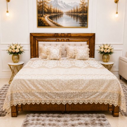 Luxury Gold & Cream Quilted Embroidered King Size Bedcover Set with Lace Finish 🛏️✨