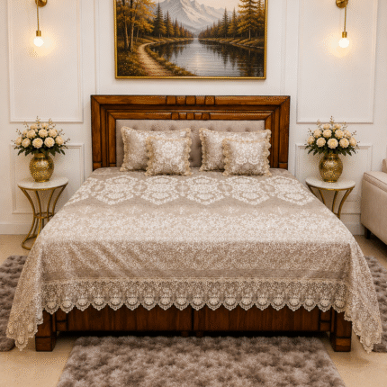 Royal Beige Embroidered Quilted King Size Bedcover Set with Lace Detailing 🛏️✨