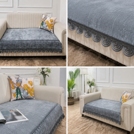 Luxury Grey Velvet Sofa Cover with Elegant Lace Finish