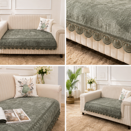 Premium Olive Velvet Sofa Throw with Designer Lace Border