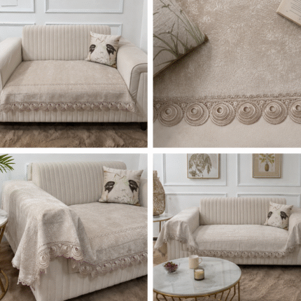 Elegant Beige Velvet Sofa Cover with Premium Lace Detailing