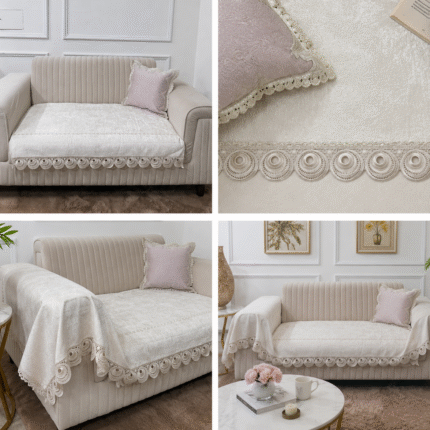 Luxury Ivory Velvet Sofa Throw with Designer Lace Border