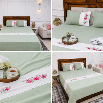 Luxury Sage Green Floral Embroidered Bedsheet Set for Elegant Bedroom Styling