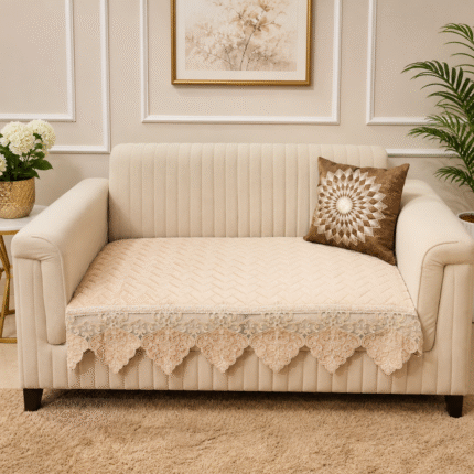 Luxurious Peach Quilted Sofa Cover with Elaborate Victorian Lace