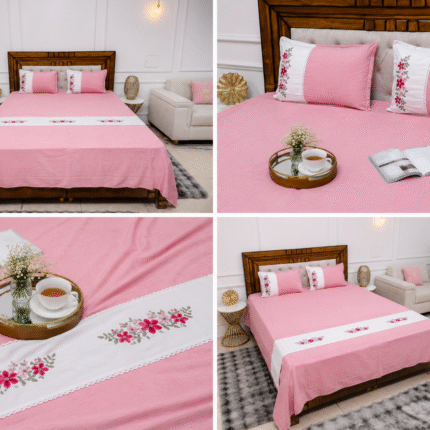 Soft Pink Embroidered Bedsheet Set – Elegant Floral Luxury for Modern Bedrooms