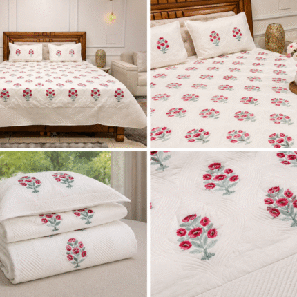 Premium Handcrafted Floral Bedcover Set – Elegant White Quilted Design