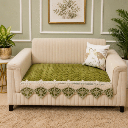 Premium Olive Green Quilted Sofa Cover with Intricate Lace Border
