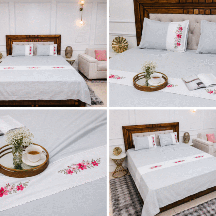 Elegant Ice Blue Embroidered Bedsheet Set – Minimal Luxury for Modern Bedrooms