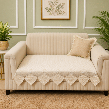 Elegant Cream Quilted Sofa Cover with Ornate Scalloped Lace
