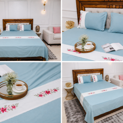 Sky Blue Embroidered Bedsheet Set – Fresh Floral Elegance for Every Bedroom