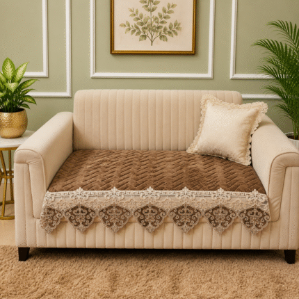 Luxury Sofa Seat Cover with Elegant Lace Border – Rich Brown Premium Finish