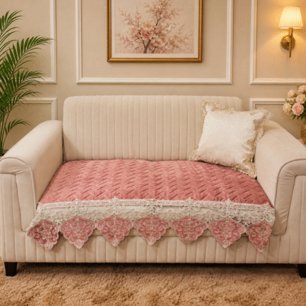 Charming Rose Pink Quilted Sofa Cover with Designer Lace Trim