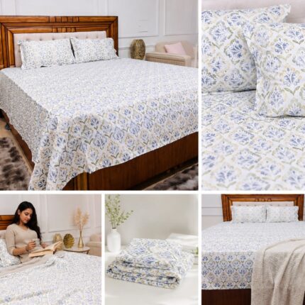 Azure Leaf Cotton Bedsheet Set – Subtle Prints, Serene Comfort