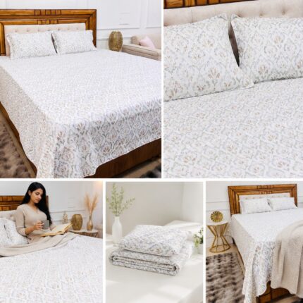Ivory Elegance Cotton Bedsheet Set – Minimal Prints, Maximum Comfort
