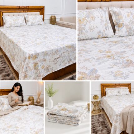 Golden Bloom Cotton Bedsheet Set – Floral Elegance with Cozy Comfort