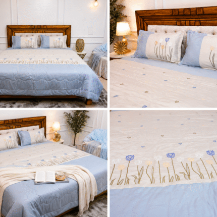 Sky Blue Embroidered Comforter Set – Modern Floral Luxury