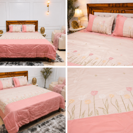 Blush Pink Embroidered Comforter Set – Elegant Floral Bedroom Luxury