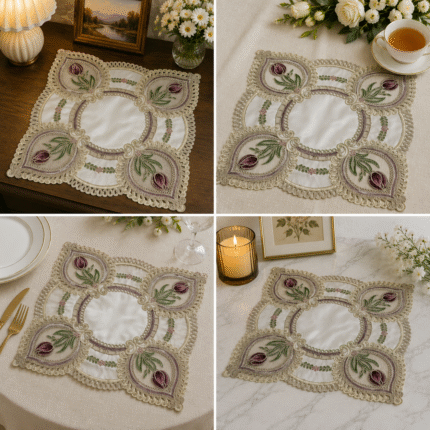 Elegant Tulip Embroidered Lace Table Mat – Luxury Floral Décor for Stylish Homes