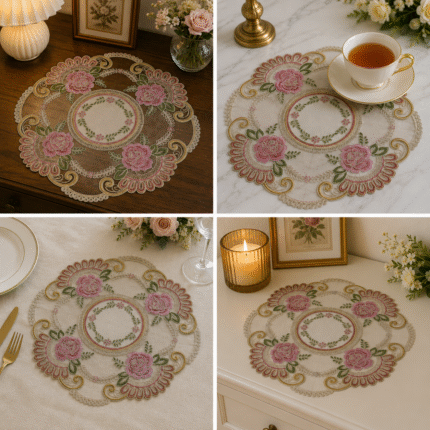 Blush Rose Embroidered Lace Table Mat – Floral Elegance for Every Space
