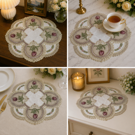 Blush Tulip Embroidered Lace Table Mat – Elegant Floral Table Accent