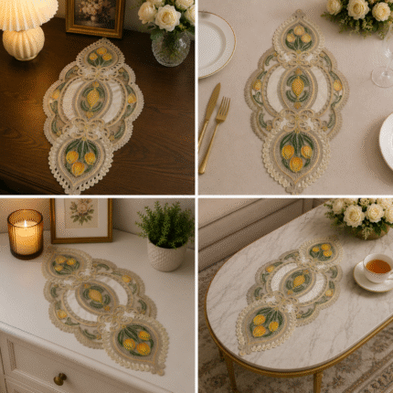 Turkish Tulip Embroidered Lace Table Runner – Elegant Floral Luxury